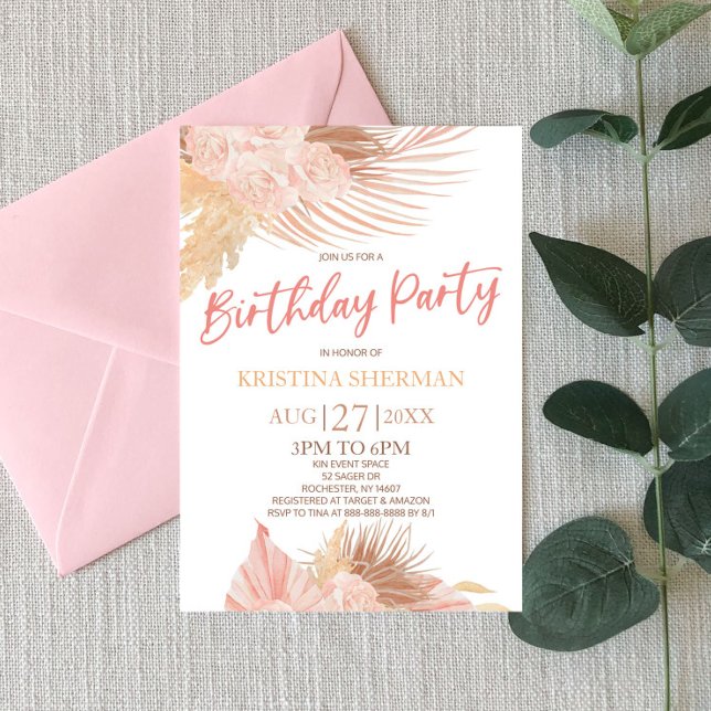 Boho Soft Pink Floral Flower Birthday Party Einladung (Von Creator hochgeladen)