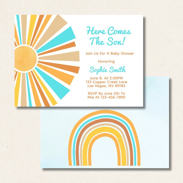 Boho-Sonne, der Sohn kommt, Blau Orange Regenbogen Einladung (Von Creator hochgeladen)