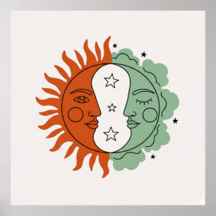 Boho Sonne und Mond Gesicht Terrakotta Salbeigrün  Poster