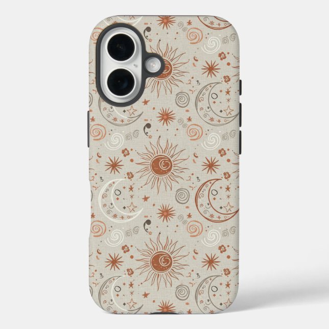 Boho-Sonne- und Mondmuster iPhone 16 Hülle (Rückseite)
