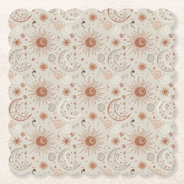 Boho-Sonne- und Mondmuster Untersetzer (Vorderseite)