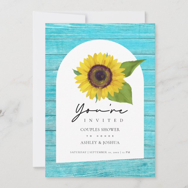 Boho Sonnenblume Arched Aquamarine Holzpaare Dusch Einladung (Vorderseite)