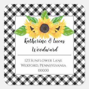 Boho-Sonnenblumen   BW Büffel-Karo Rücksendeadress Quadratischer Aufkleber