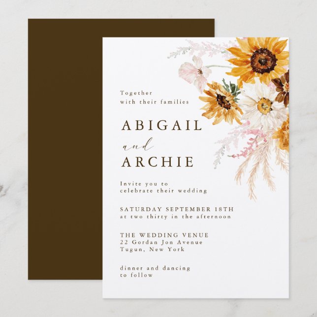 Boho-Sonnenblumen-Hochzeit Einladung (Vorne/Hinten)
