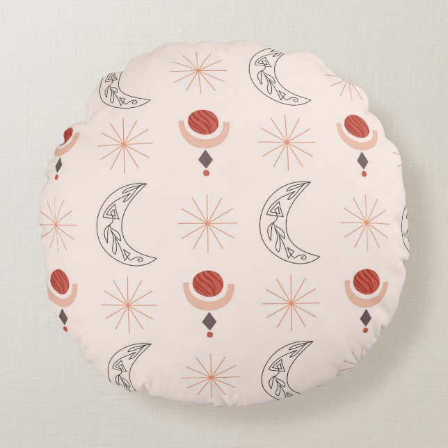 Boho Sonnenmond dekorative Linie Kunst abstrakte F Rundes Kissen (Vorderseite)