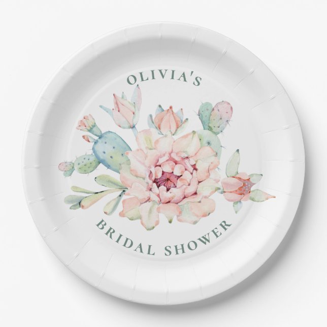 Boho Southwestern Bridal Shower | Floral Cactus Pappteller (Vorderseite)