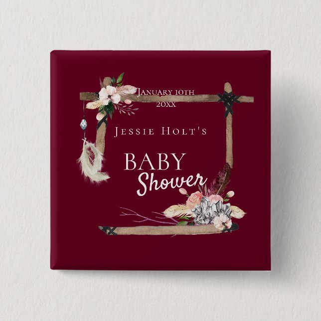 Boho Southwestern Burgundy Babydusche Button (Vorderseite)