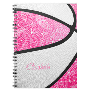 Boho-Sport-Doodle-Federn rosa weiße Basketball Notizblock