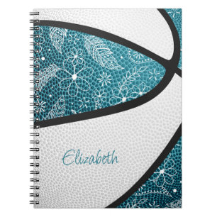 Boho-Sport-Kritzeleimuster Türkis Weiß Basketball Notizblock
