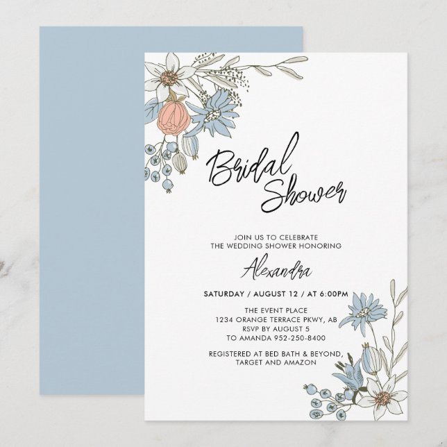 Boho Spring Blue Floral Bridal Brunch Dusche Invit Einladung (Vorne/Hinten)