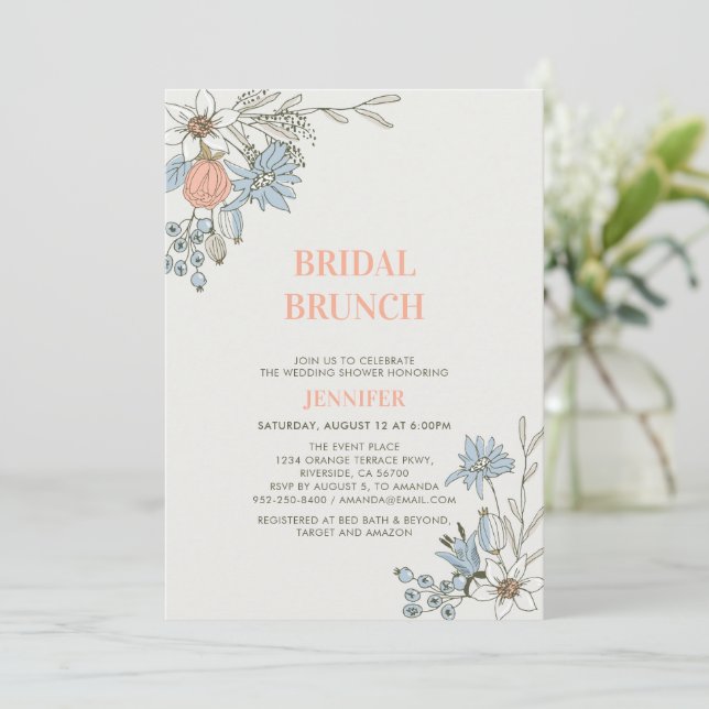 Boho Spring Blue Floral Bridal Brunch Dusche Invit Einladung (Stehend Vorderseite)