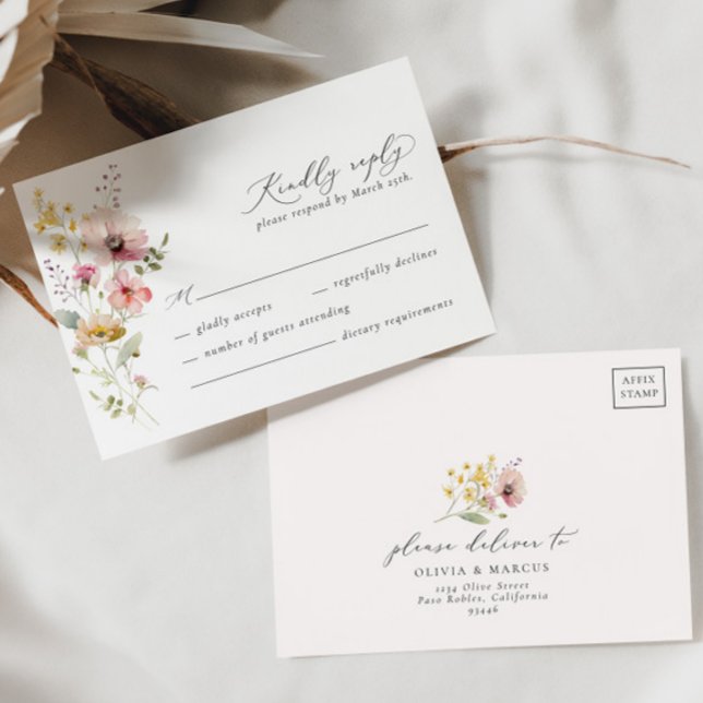 Boho Spring Colorful Wildblume Wedding RSVP Card (Front/Back)