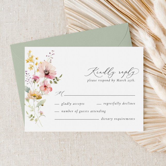 Boho Spring Colorful Wildblume Wedding RSVP Card Karte (Wildflower meadow wedding RSVP card with soft floral illustration and elegant calligraphy)