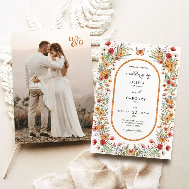 Boho Spring Watercolor Wildblumen Foto Hochzeit Einladung (Boho Spring Watercolor Wildflowers Butterflies Monogram photo Wedding Invitation)