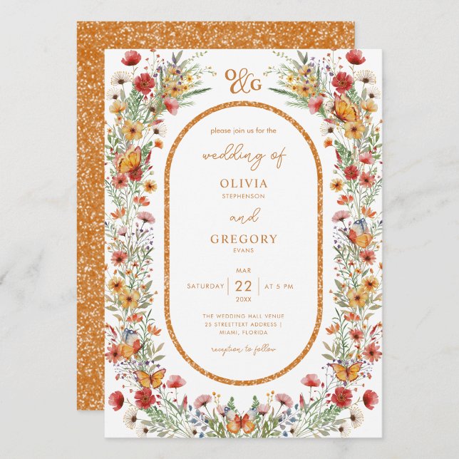 Boho Spring Watercolor Wildblumen Goldene Hochzeit Einladung (Boho Spring Watercolor Wildflowers Butterflies Gold Fram Monogram Wedding Invitation)