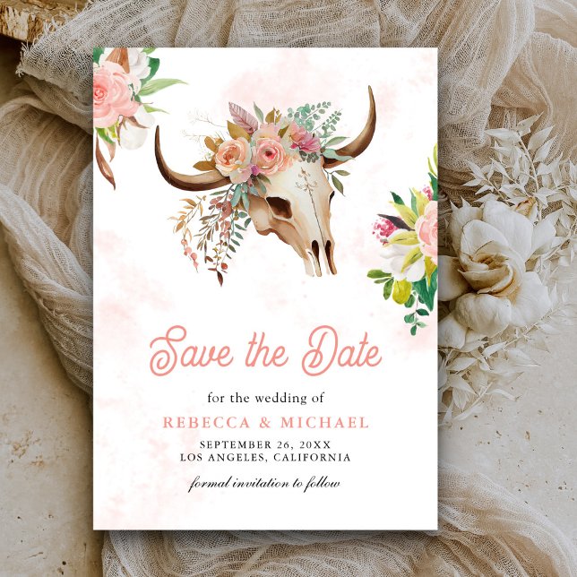 Boho Stamm Floral Kuh Skull Hochzeit Save The Date (Von Creator hochgeladen)