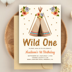Boho-Stammes-Blumen-Teepee-Wild-One-Erste-Geburtst Einladung
