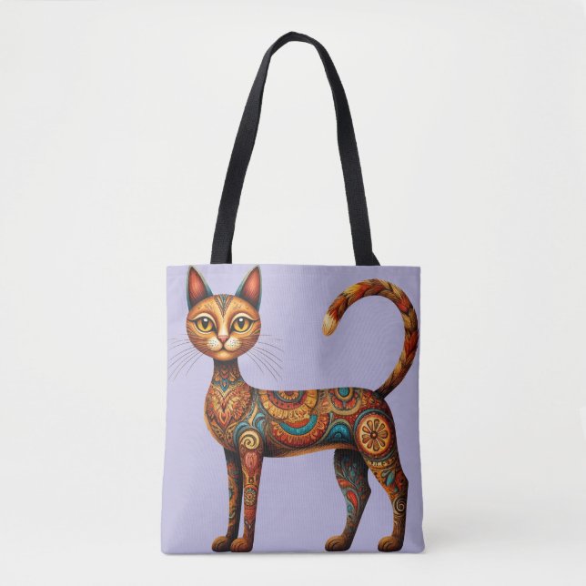 Boho-Stammeskatze Süße Volkskunst mit Blumen Tasche (Vorderseite)