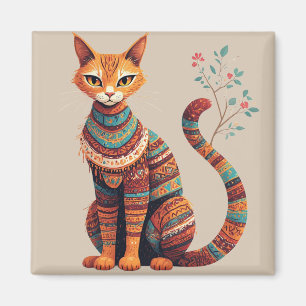 Boho-Stammeskatzen-Illustration Süße Volkskunstges Magnet