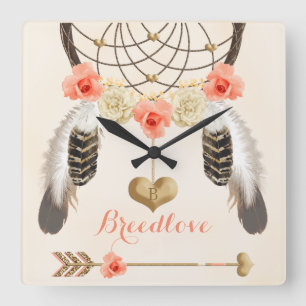 Boho Stammesklemme mit Dreamcatcher und Federn Quadratische Wanduhr