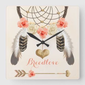Boho Stammesuhr mit Dreamcatcher und Feathers Quadratische Wanduhr