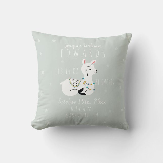 Boho Stars Llama Blue Boy Birth Stats Kinderzimmer Kissen (Vorderseite)
