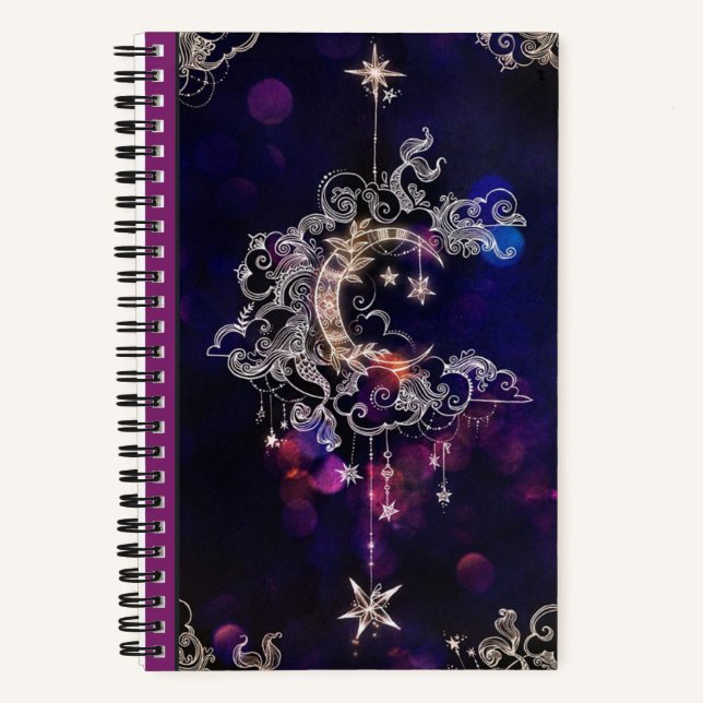 Boho Stars & Moon Lila Name Back Cover hinzufügen Notizbuch (Vorderseite)