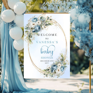 Boho-Staubblau-Blumen-Eukalyptus-Baby-Shower-Willk Poster