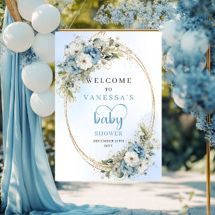Boho-Staubblau Blumen Eukalyptus Gold Baby Shower Poster