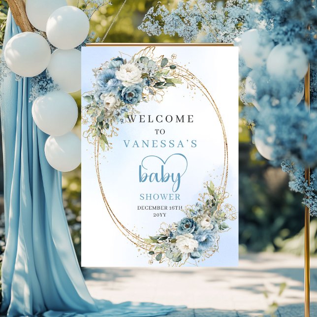 Boho Staubblau Blumen Grüner Babyshower Willkommen Poster (Boho Dusty Blue Floral Greenery Baby Shower Welcome!!!!)