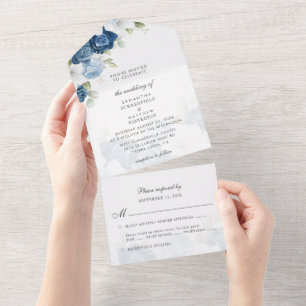 Boho-Staubblau-Blumen-Grünzeug-Hochzeit All In One Einladung
