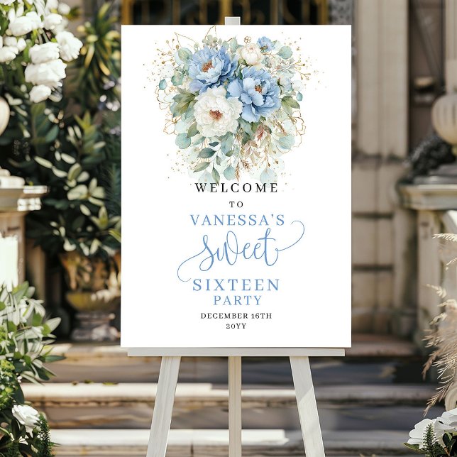 Boho-Staubblau Blumen Sweet 16 Willkommensschild Poster (Boho Dusty Blue Flowers Sweet 16 Welcome Sign)
