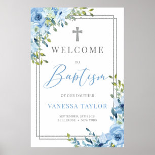 Boho staubige blaue und silberne Glitzer Taufe Wil Poster