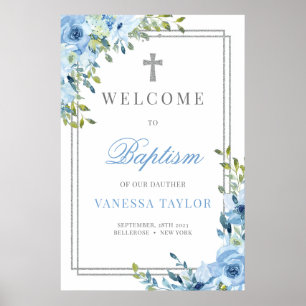 Boho staubige blaue und silberne Glitzer Taufe Wil Poster