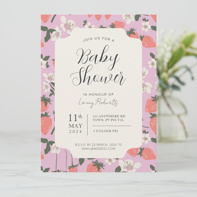 Boho Stawberry Floral Baby shower Invitation (Debout devant)