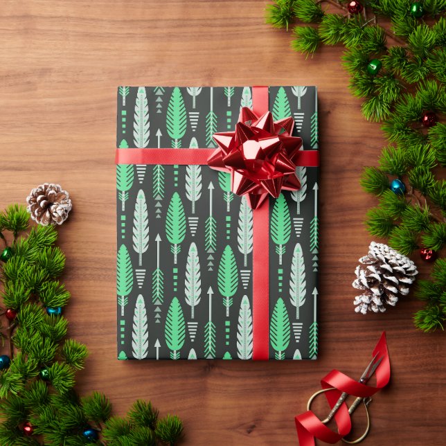 Boho-Stil Retro-ethnisches Feder-grün-Muster Geschenkpapier (Feiertagsgeschenk)