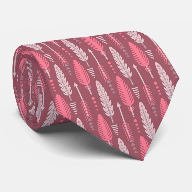 Boho-Stil retro-ethnisches Feder-Pink-Muster Krawatte (Gerollt)
