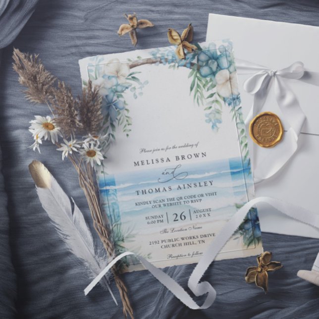 Boho-Strand-Wasserfarben-Blumen-QR-Code-Hochzeit Einladung (Von Creator hochgeladen)