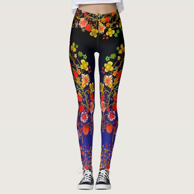 Boho Strawberry Floral Blue Ombre Leggings (Vorderseite)