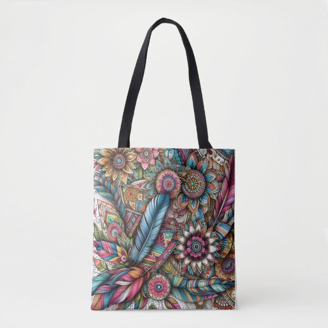 Boho Style Feathers und Blume in einer freudvollen Tasche (Vorderseite)