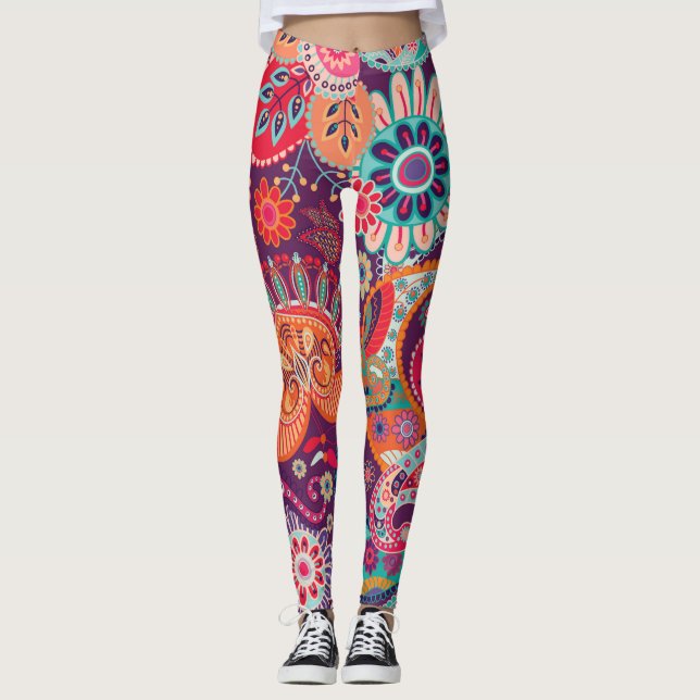Boho Style Floral Pattern Hippie Frau Leggings (Vorderseite)