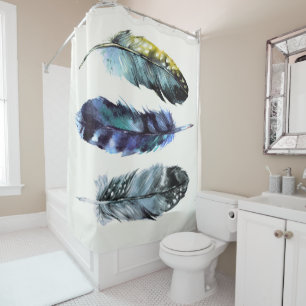 Boho Style Watercolor Birds Feathers Blue Cream Duschvorhang
