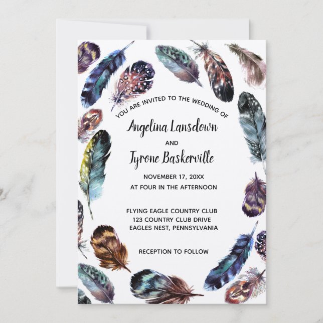 Boho Style Watercolor Feathers Custom Wedding Einladung (Vorderseite)