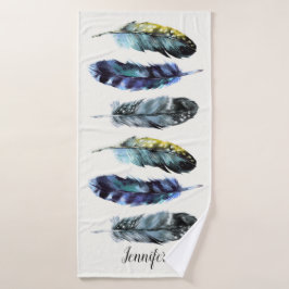 Boho Style Watercolor Feathers Personalisiert Badehandtuch