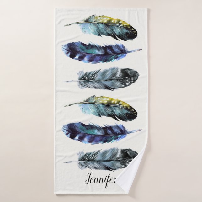 Boho Style Watercolor Feathers Personalisiert Badehandtuch (Badehandtuch)