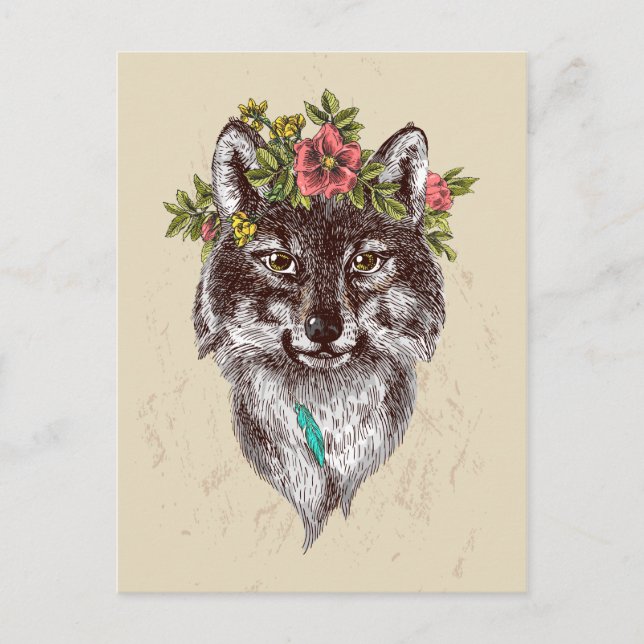 Boho Style Wolf Halo Portrait Postkarte (Vorderseite)