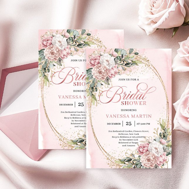 Boho Stylish Dusty Pink Floral Gold Bridal Shower Einladung (Stylish Dusty Pink Floral Gold Bridal Shower)