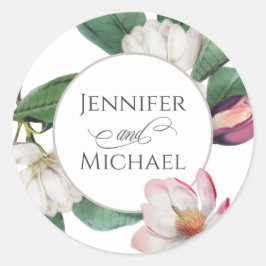 Boho Stylish Magnolia Blumenbrücke und Groom Runder Aufkleber