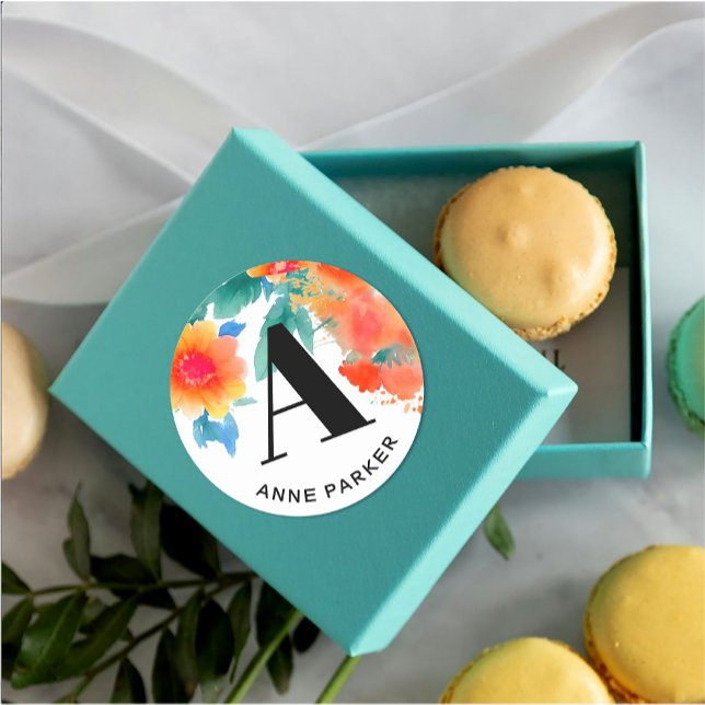 Boho Stylish Watercolor Floral Name Monogram Runder Aufkleber (Von Creator hochgeladen)