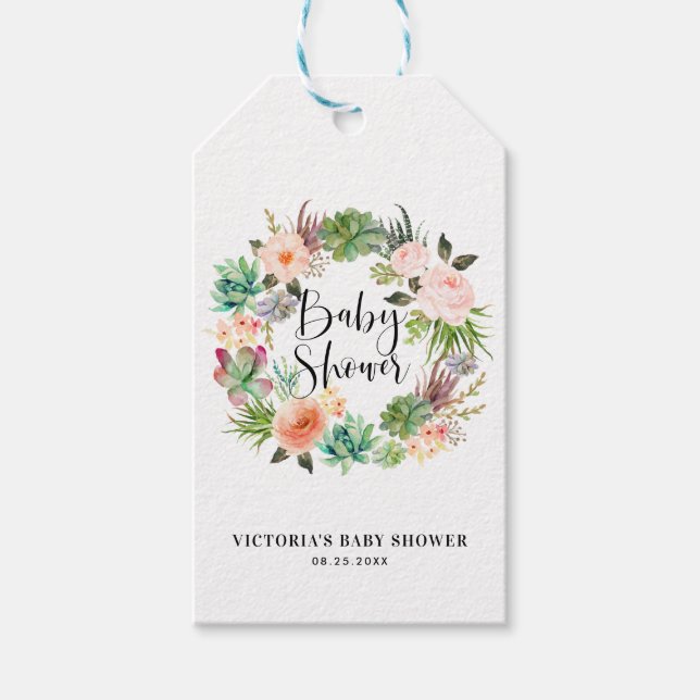 Boho Succulent Floral Wreath Baby Dusche Vielen Da Geschenkanhänger (Vorderseite)